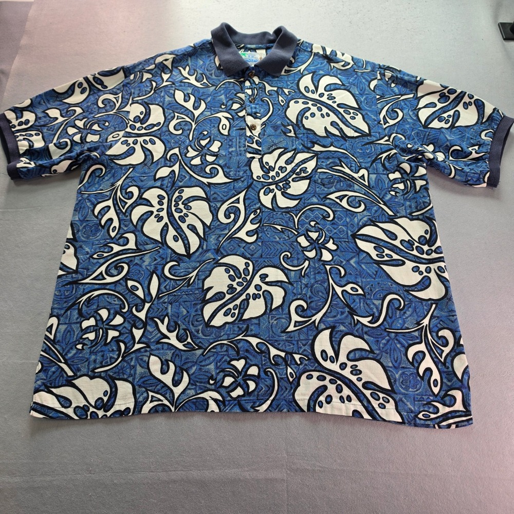 RJC Hawaiian Polo Shirt Mens XL Blue White Monstera Tropical Made in USA Hawaii